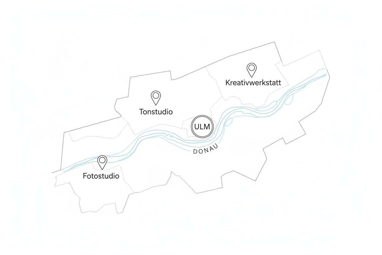 Eine map die die Region Ulm und Umgebung mit der Donau zeigt . minimalistisch im Zeichen Stil. Darauf sollen einzelne gebäude / Räume wie Tonstudio , Fotostudio, kreativwerksatt gezeigt werden mit einer kleinen pinnadel
